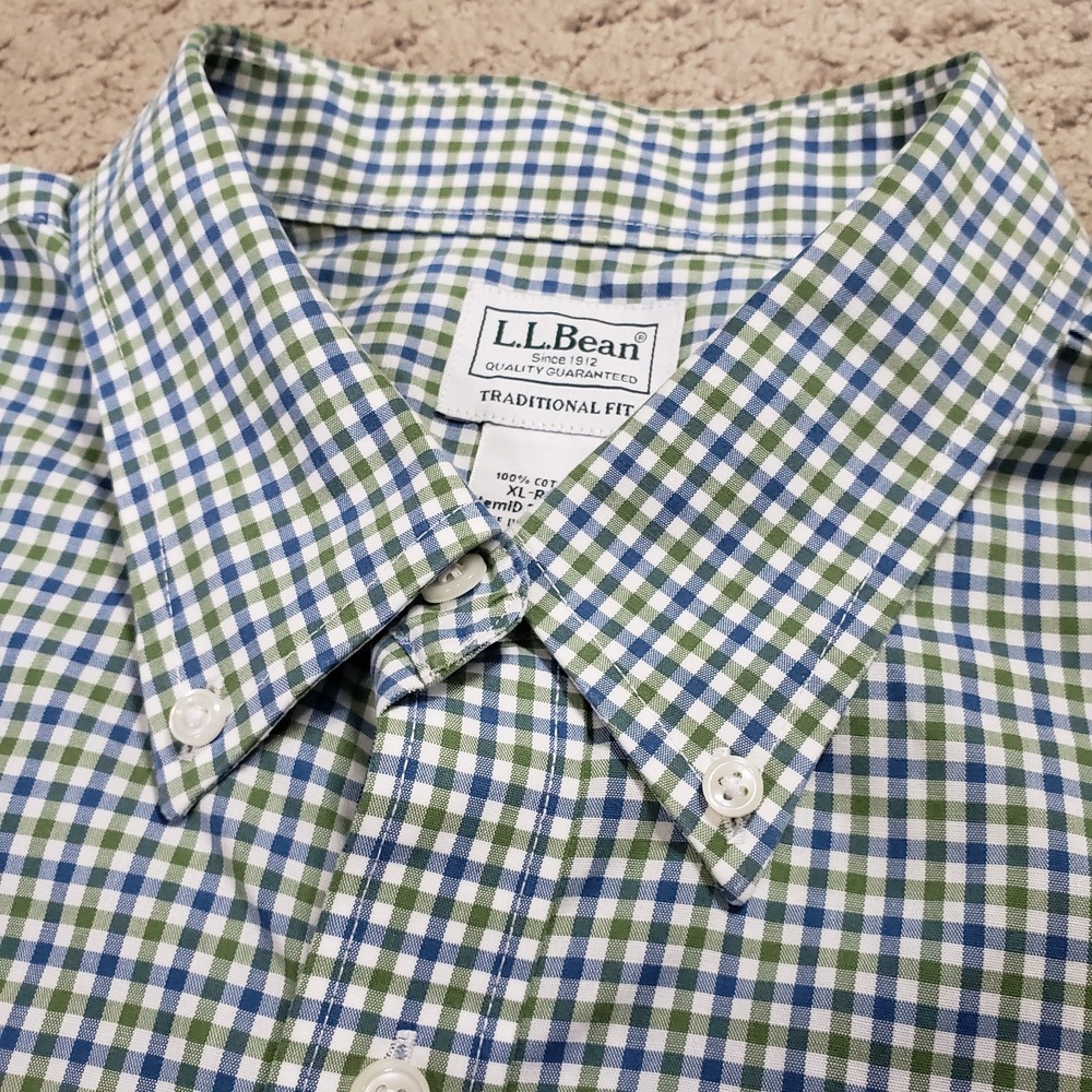 LL Bean Shirt Mens XL Blue Green Plaid Oxford Cloth OCBD Traditional Fit Casual